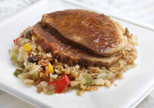Roasted Pork with Hickory Barbecue Sauce, Southwestern Style Rice & Mixed Vegetables